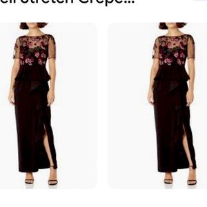 ADRIANNA PAPELL BLACK BEADED EMBROIDERED FLORAL LACE RUFFAL PEPLUM GOWN SZ 8